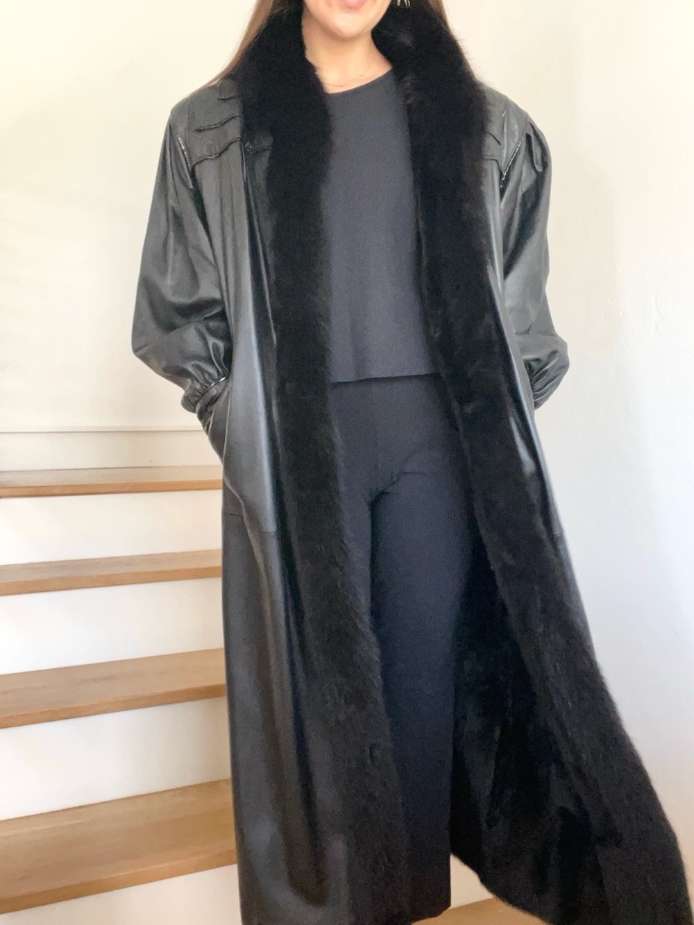 Vintage by Gartenhaus Genuine Leather and Mink Fur Black Trench Coat Size Small